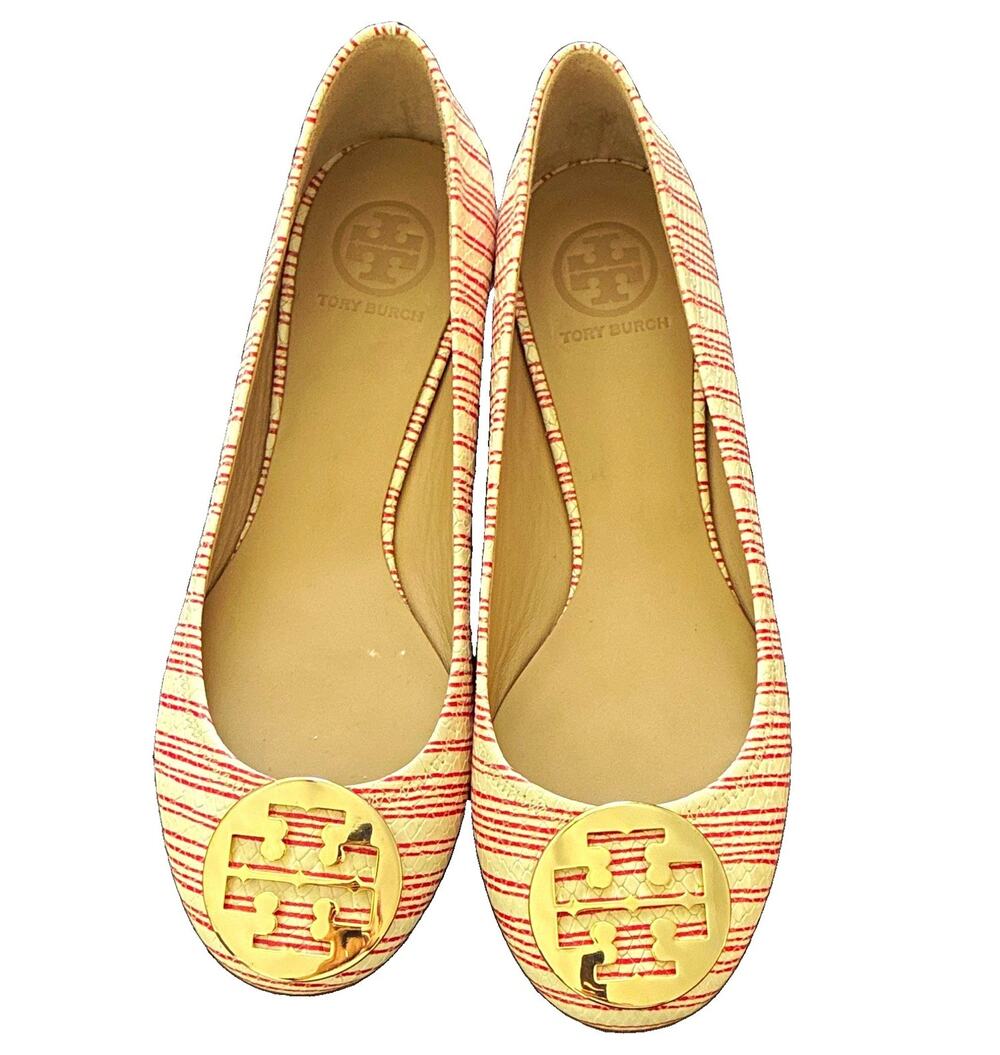 Tory Burch Women’s Ballet Flats Red/Ivory Striped Logo Slip-On US 9 M